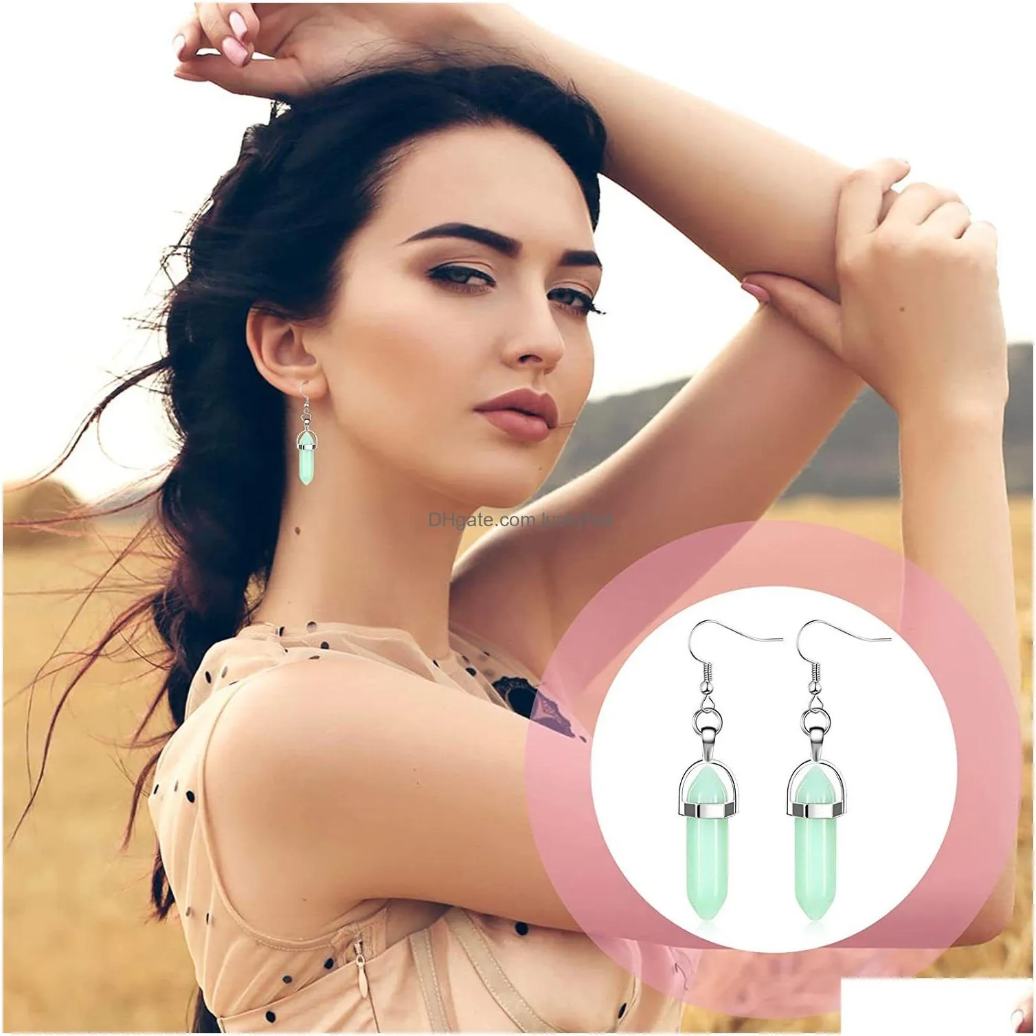 natural stone charms drop earrings bullet hexagonal lapis amethyst rose quartz crystal earring chakra pendulum jewelry