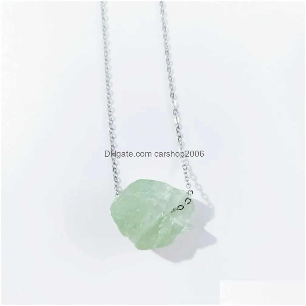 irregular natural crystal large rough stone pendant necklace for women men stainless steel chain