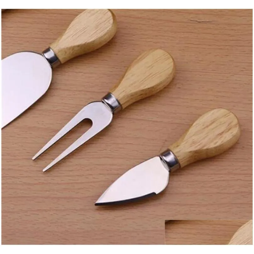 4pcs/sets cheese knives board set oak handle butter fork spreader knife kit kitchen cooking tools useful accessories 254 v2