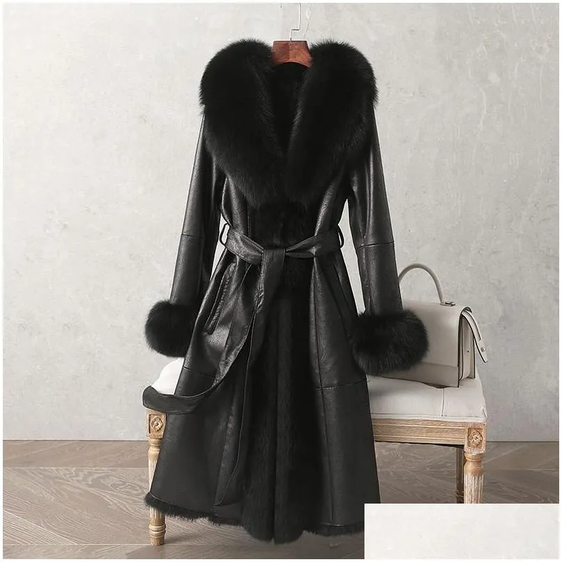 double face coat mid-length winter fur close-fitting leather collar cuffs garments