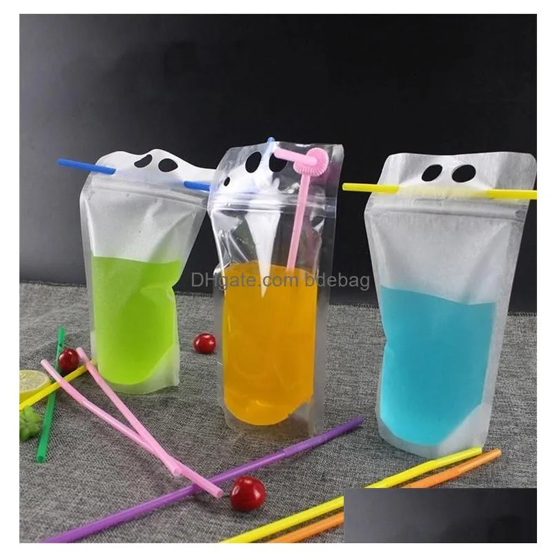 500ml transparent self-sealed plastic drink packaging bag for beverage juice milk coffee with handle and holes for straw