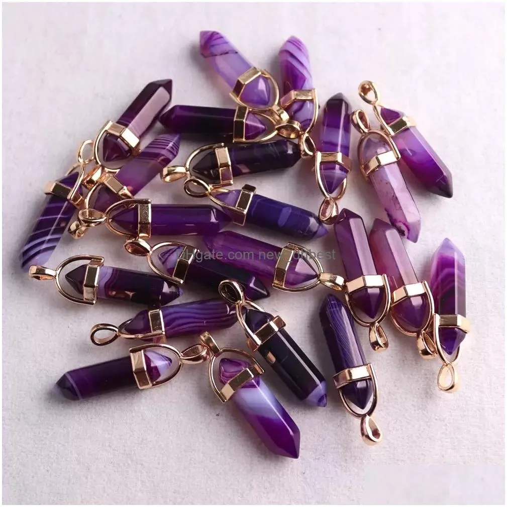 fashion stripe light blue pink onyx stone charms bullet shape point chakra gold pendants for jewelry making wholesale