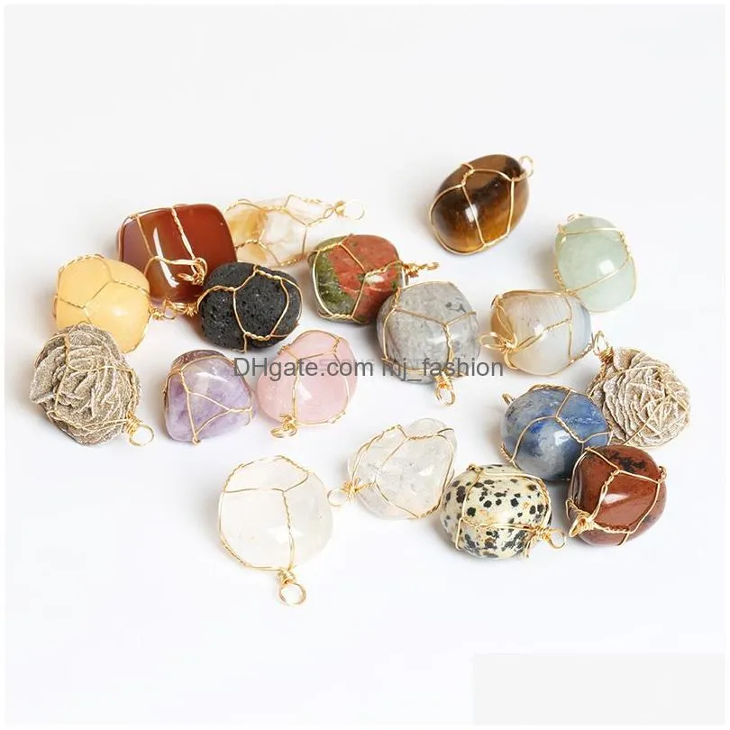 gold wire wrapped quartz natural stone charms healing pendant diy necklace jewelry making wholesale