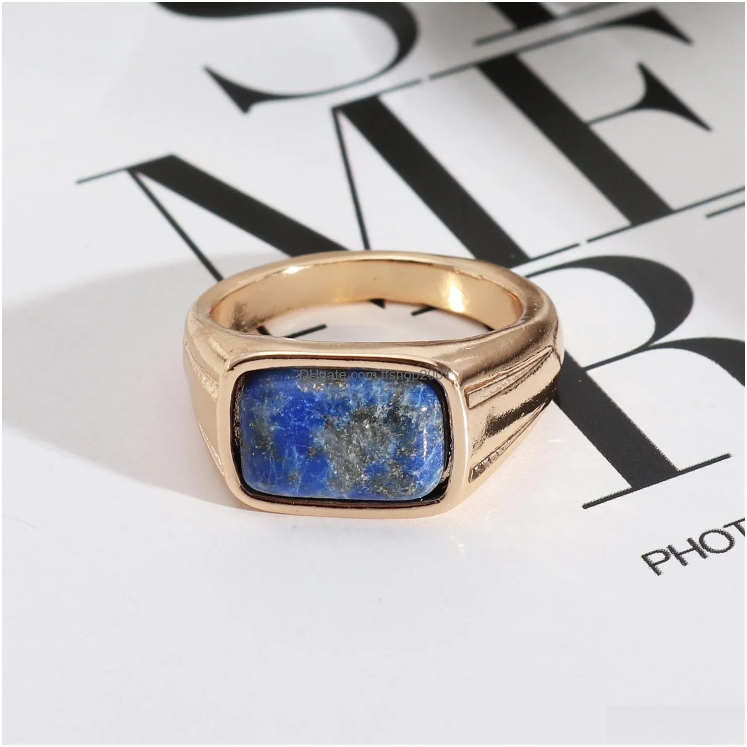 natural rectangle stone rings lapis lazuli amethyst malachite stone fashion inner dia 17mm gold color band jewelry for women