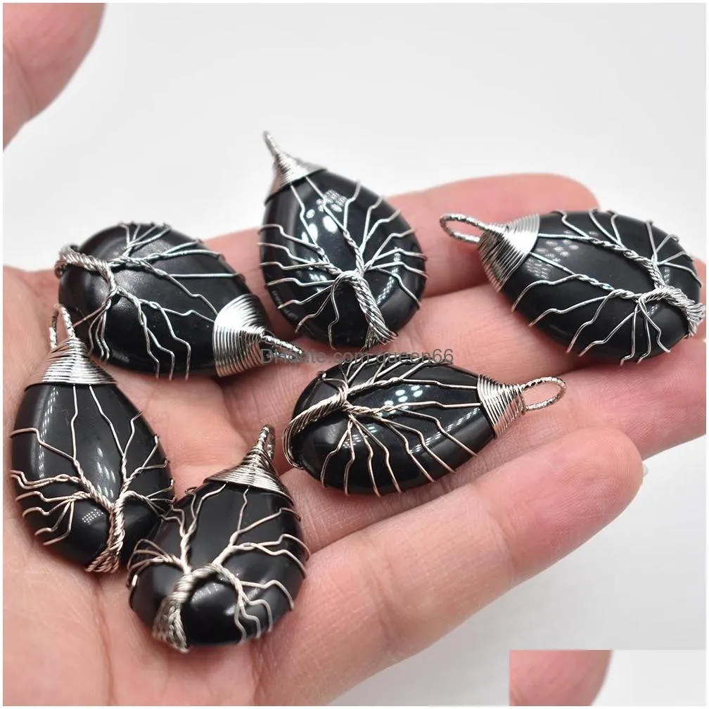 natural stone healing crystal tree of life charms pendants rose quartz wire wrapped trendy jewelry making wholesale