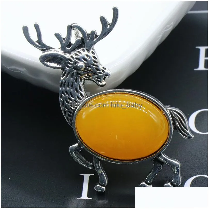 natural stone gem brooch elk deer pendant rose quartz crystal jade onyx bead necklace healing jewelry for women rope chain