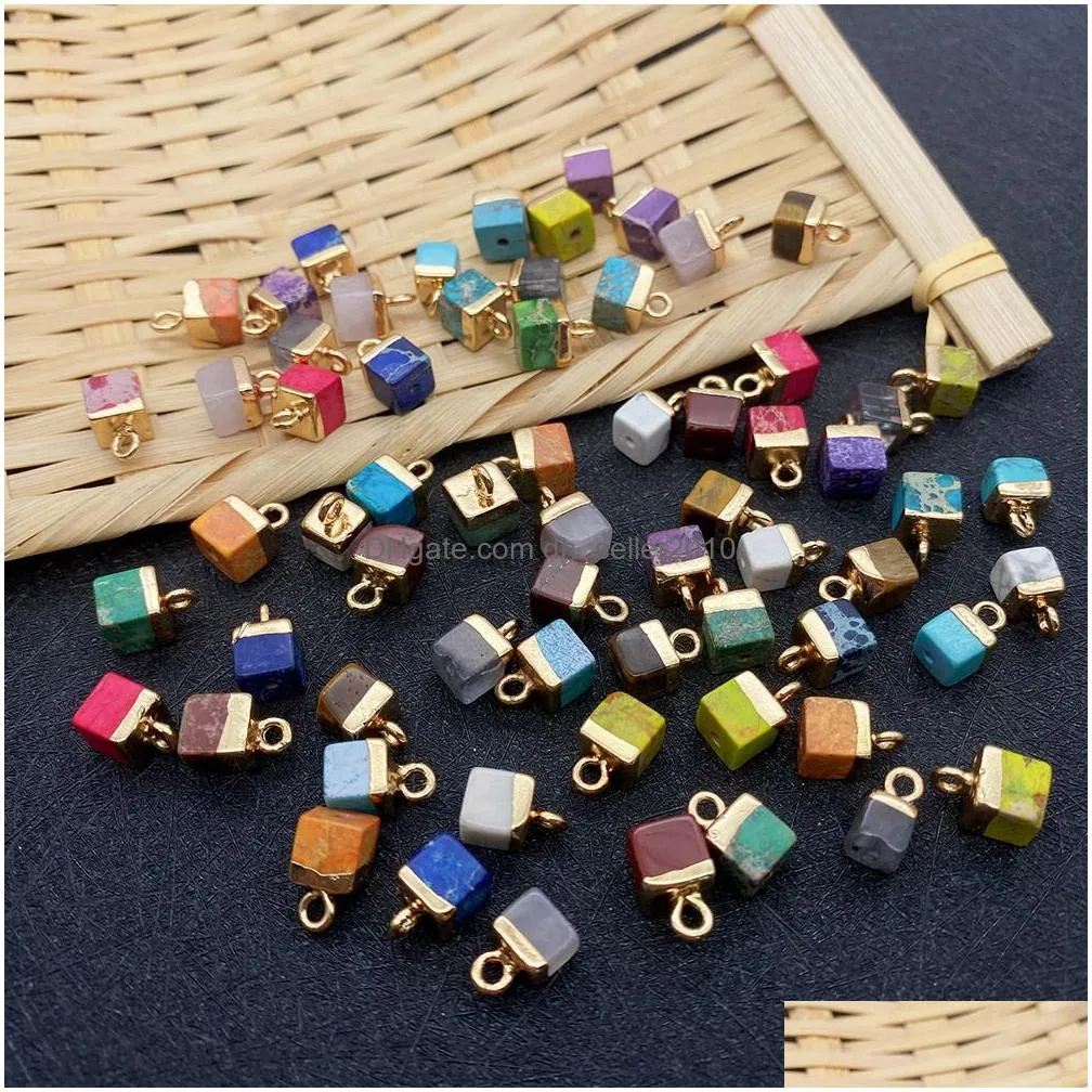 5x10mm natural crystal stone cubic square charms green blue rose quartz pendants gold edge trendy for necklace earrings jewelry making