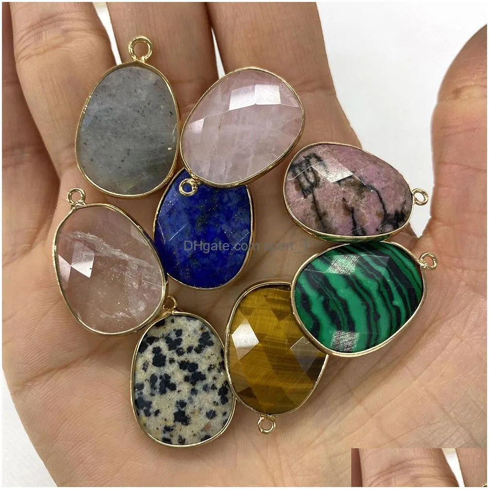 18x25mm natural crystal stone charms oval green rose quartz pendants gold edge trendy for necklace earrings jewelry making wholesale