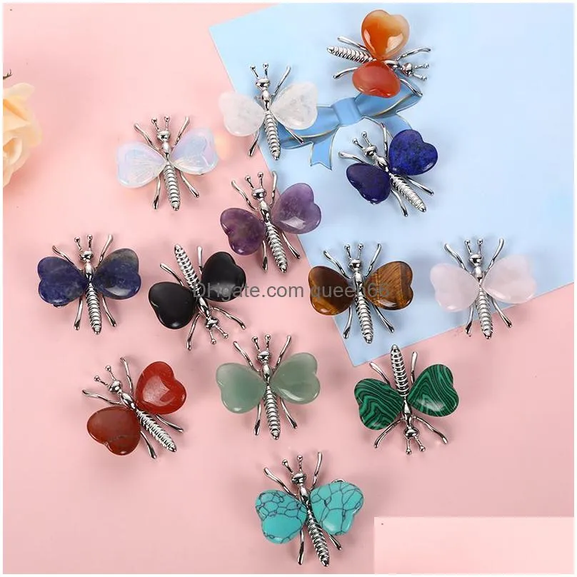 art craft love heart natural stone heart butterfly ornaments crystal minerals reiki healing rose quartz silver gold color gifts home decor jewelry