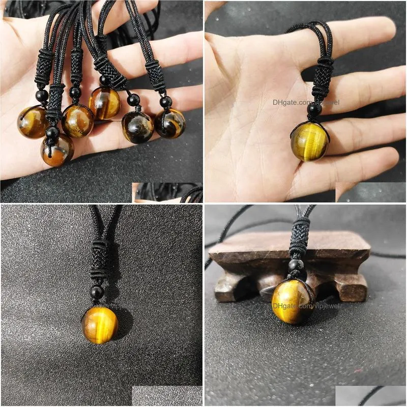 men yellow tiger eye stone round bead pendant black rope chain necklace wholesale jewelry for women