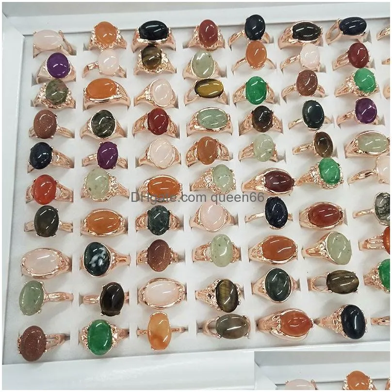 assorted style natural stone rings rose quartz aventurine tigers eye agate crystal women synthetic turquoise ring party wedding gold silver