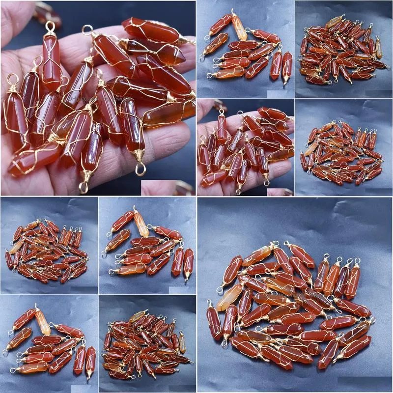 crystal glass red agate pillar shape charms stone point handmade iron wire pendants for necklace earrings jewelry making
