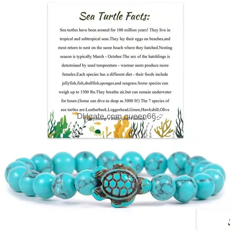 summer beach sea turtle card turquoise beads bracelet for women rose quartz pink stone elastic friendship bracelet beach jewelry gifts