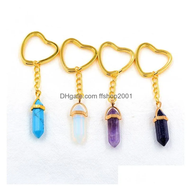 gold hexagon prism reiki healing natural stone keychains chakra amethyst pink rose crystal heart key rings keyrings women men jewelry