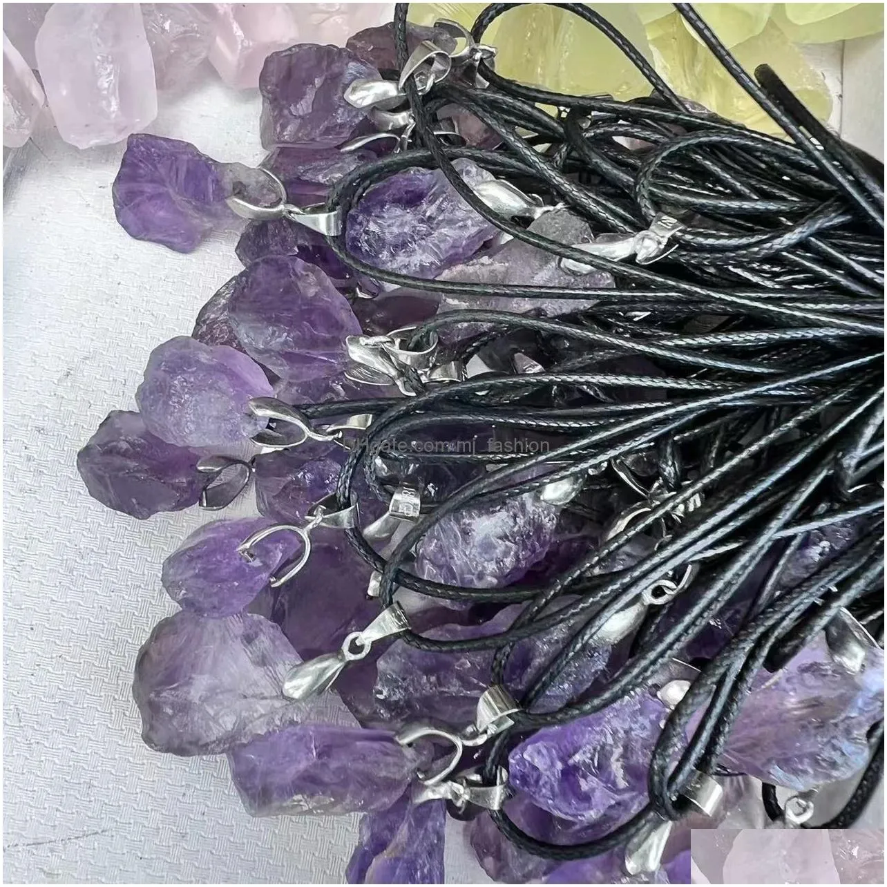 natural raw ore amethyst stone pendant lemon blue druzy charms leather rope necklace women trendy jewelry factory wholesale