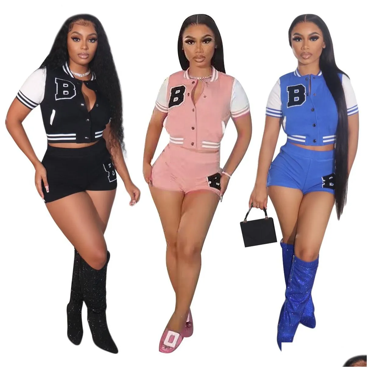 2023 baseball two piece pants tracksuit women casual bomber jacket and short set outfits ship