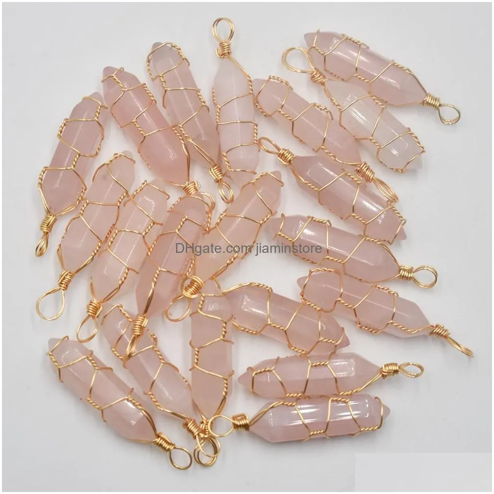 natural stone rose quartz bullet shape charms point chakra pendants for jewelry making wholesale gold wire wrap handmade craft