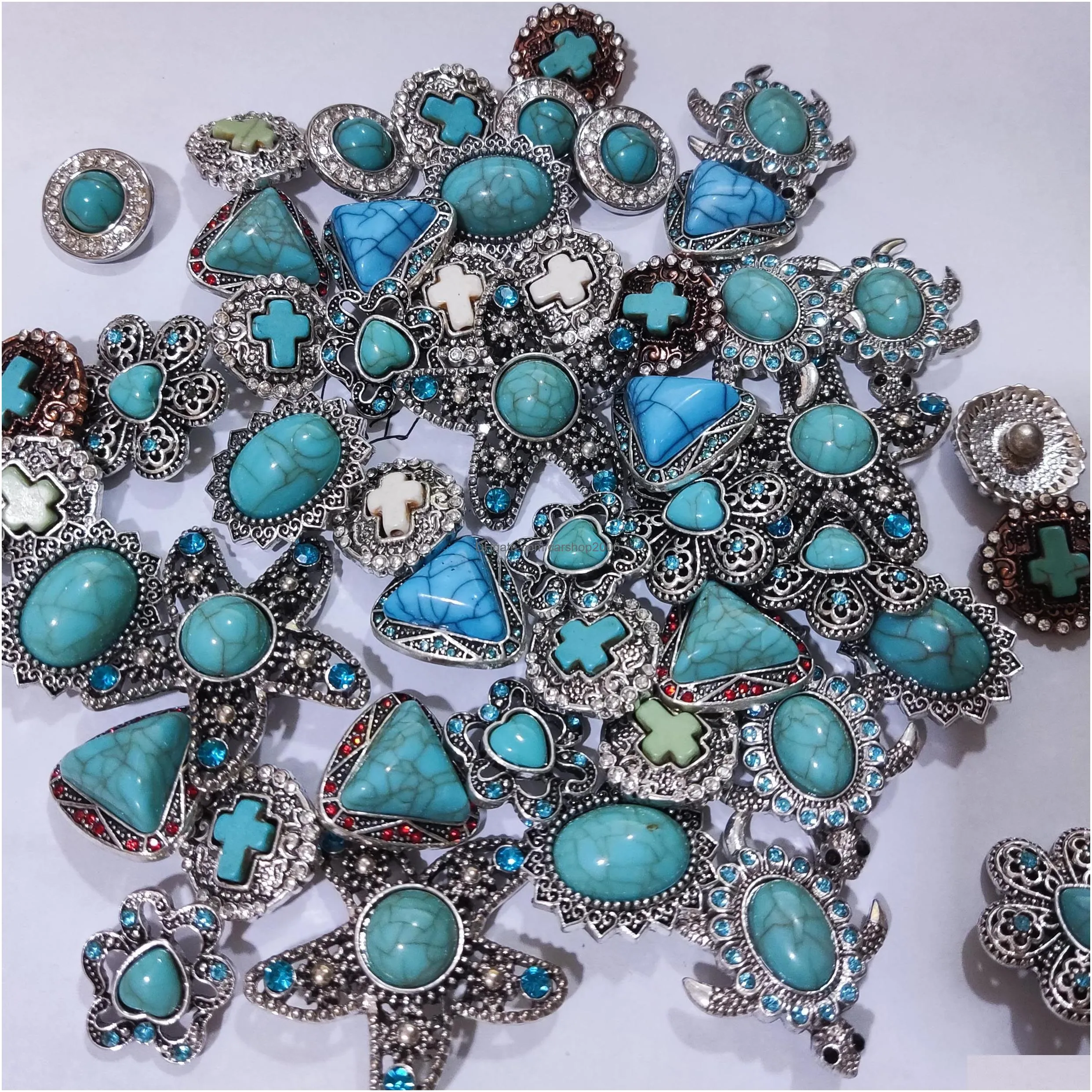 silver color turquoise paved alloy components 18mm snap button charms beads jewelry making diy necklace earrings bracelet supplier