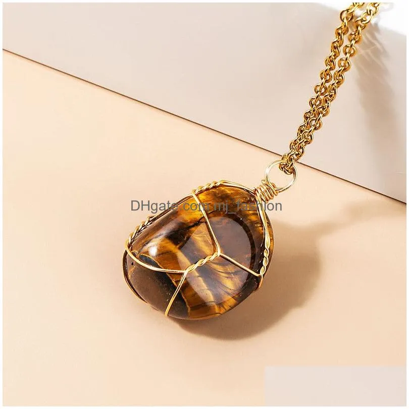 irregular round natural stone pendant necklace amethyst lapis rose quartz crystal gold wrap wire necklaces healing for women men