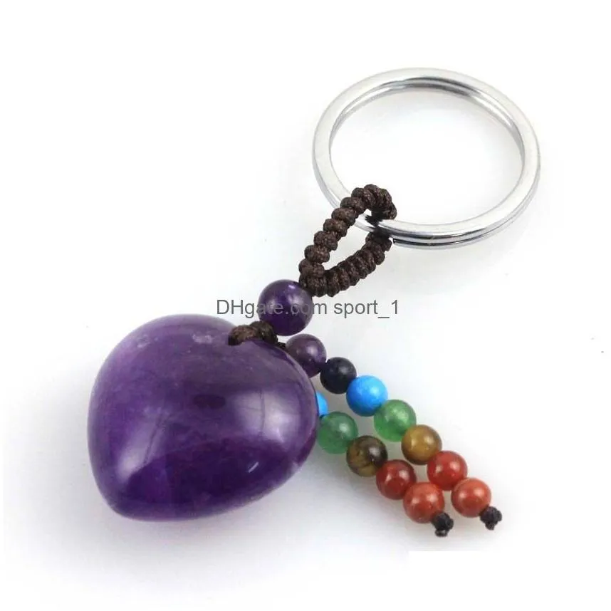 heart shape natural stone seven tassel key rings keychains silver color healing amethyst pink rose crystal car decor keyholder for women