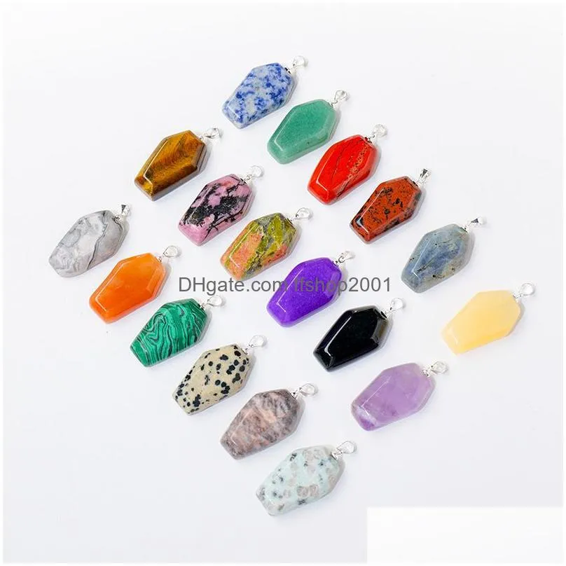 coffin shape fortune feng shui pendant natural stone quartz agates healing crystal tiger eye charms rope necklace jewelry