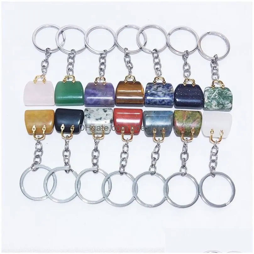 women bag shaped charms keychains natural healing crystal amethyst rose quartz gemstone pendant key rings gift wholesale for jewelry