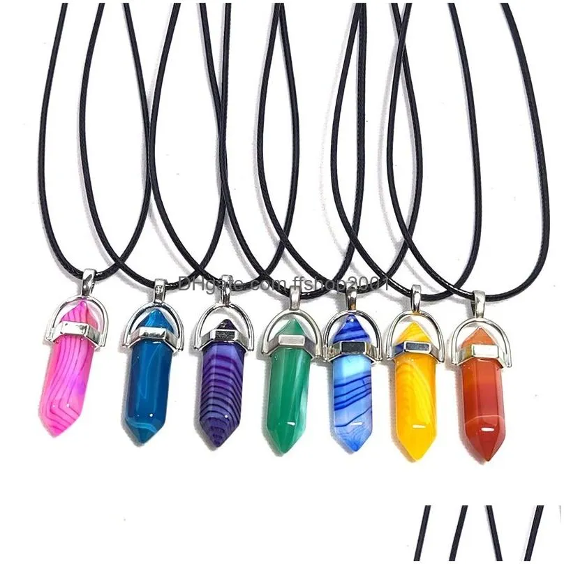 rose pink purple stripe agate stone hexagon bullet pendant reiki healing crystal cone point crystal charms pendulum necklace for women