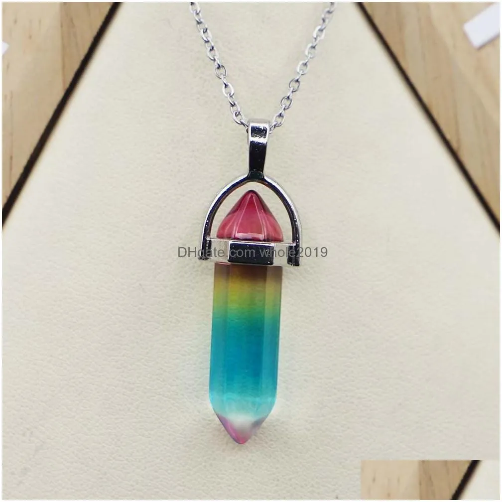 rainbow glass hexagonal column point pendant black cord necklace cylindrical charms minerals healing crystal jewelry