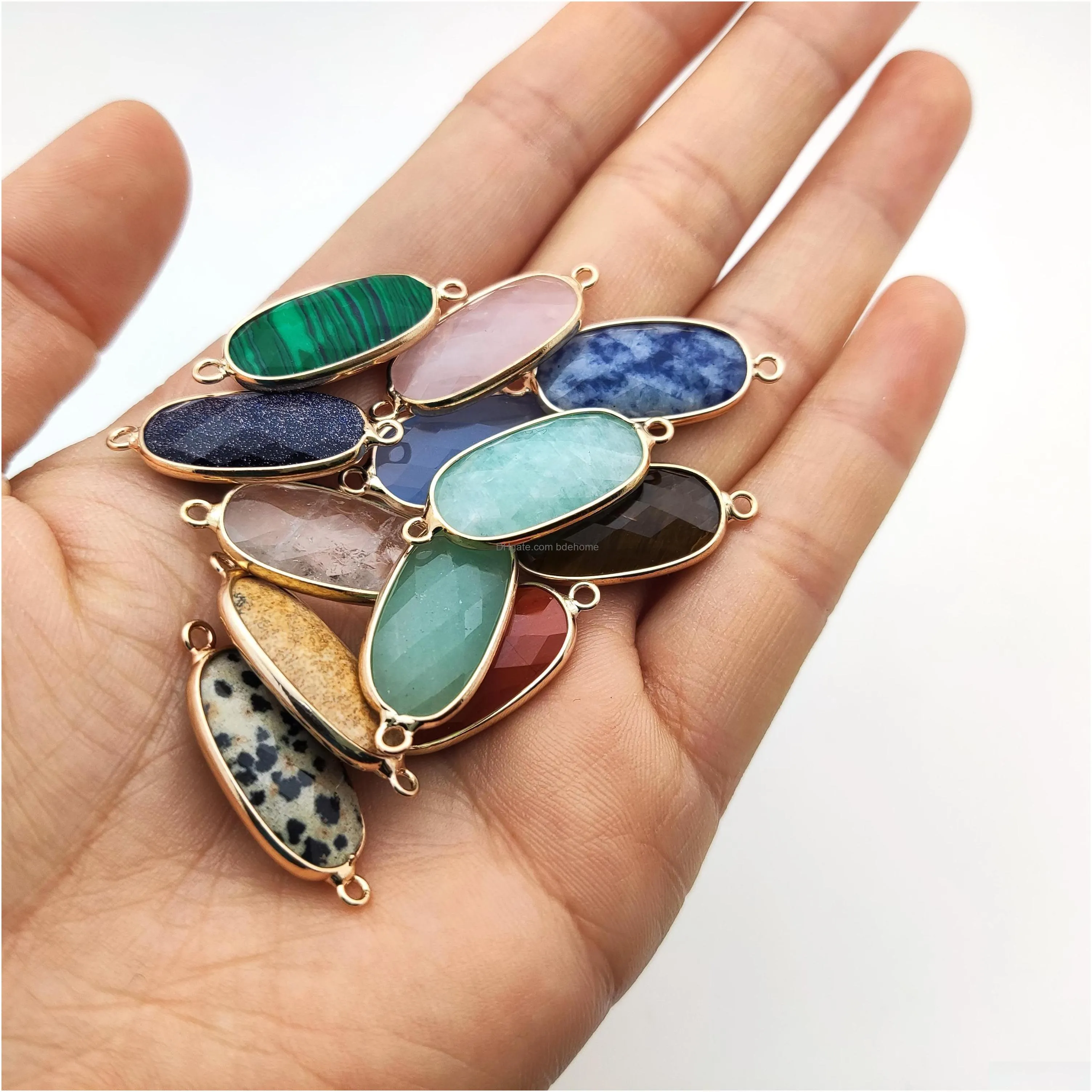 gold edged natural stone charms green rose quartz crystal connector pendant for earrings necklace jewelry making wholesale