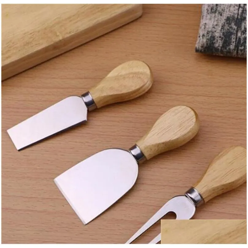 4pcs/sets cheese knives board set oak handle butter fork spreader knife kit kitchen cooking tools useful accessories 254 v2