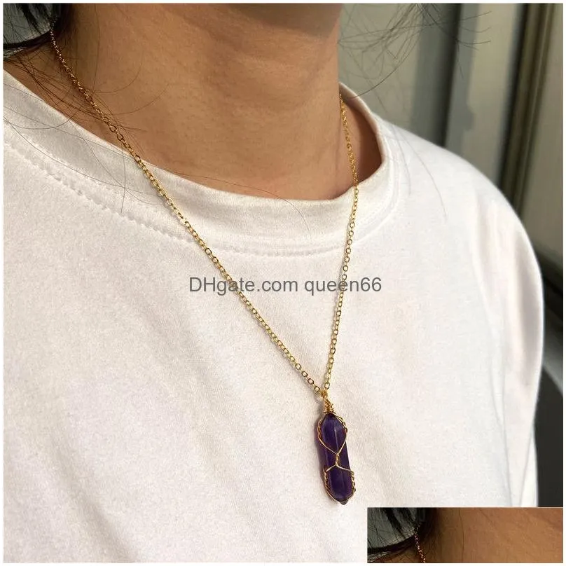 hexagonal pendulum pendant necklace reiki healing column necklaces natural stone gold wire wrap chain pendants for women men