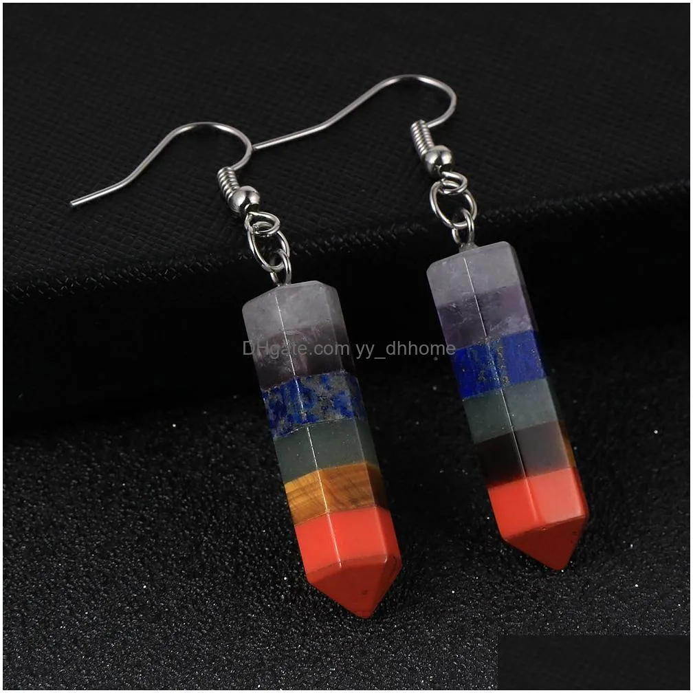 women 7 chakras natural stone charms hexagonal bullet dangling earring colorful gem stones hanging reiki yoga healing earrings jewelry