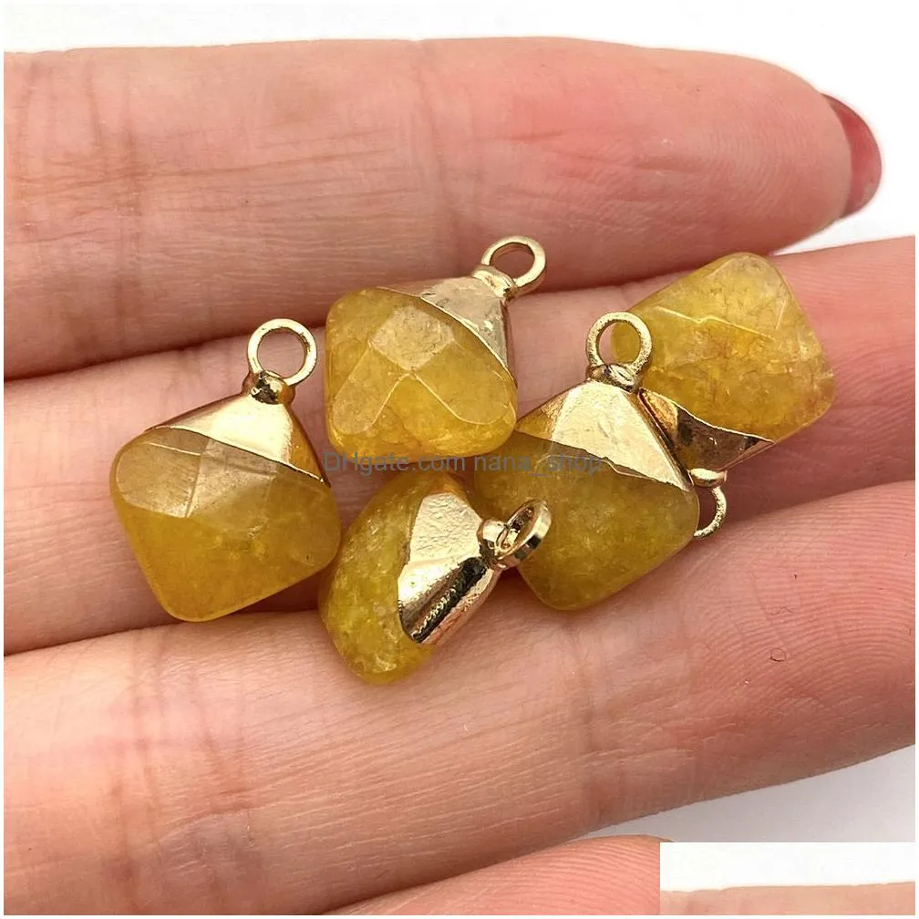 12x15mm natural crystal stone charms decorate little rhombus green yellow jade pendants gold edge trendy for necklace earrings jewelry making