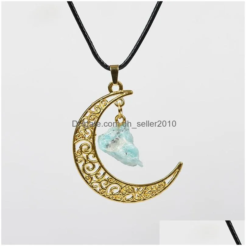 gold hollow moon irregular ore rough stone pendant tiger eye stone agates raw healing crystal quartz necklaces jewelry making