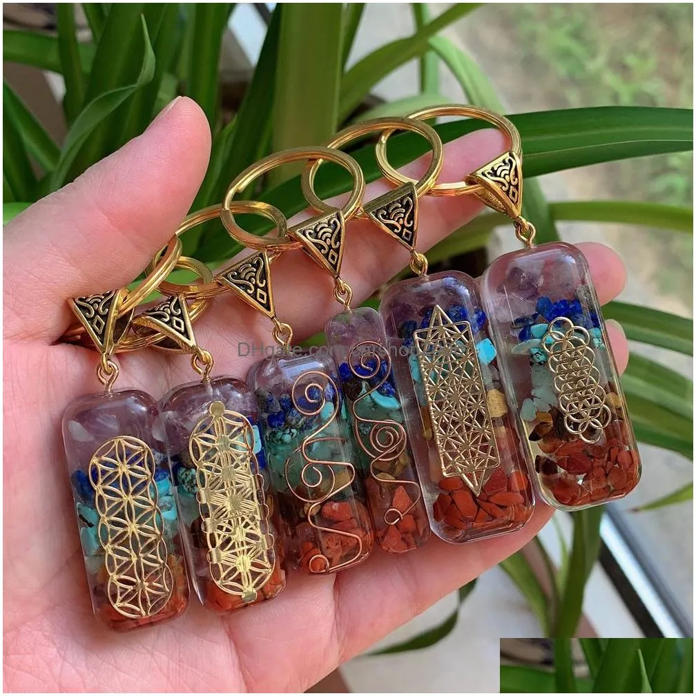 7 chakras orgone pendulum key rings energy crystal stone keychain healing amulet keyrings for car meditation reiki om lucky gift