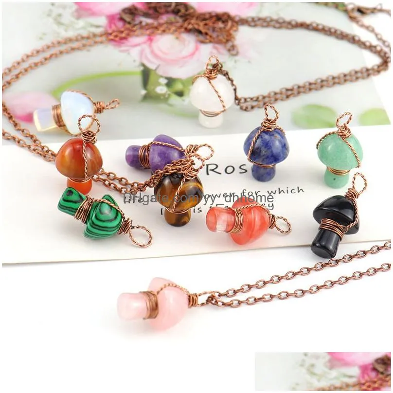 lots wire wrap carving mushroom pendant reiki healing crystal tiger eye rose quartz opal aventurines necklace for women jewelry