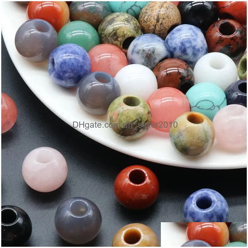 16mm natural stone macroporous beads rose quartz tigers eye opal crystal agate big hole for diy necklace bacelet jewelry accessories