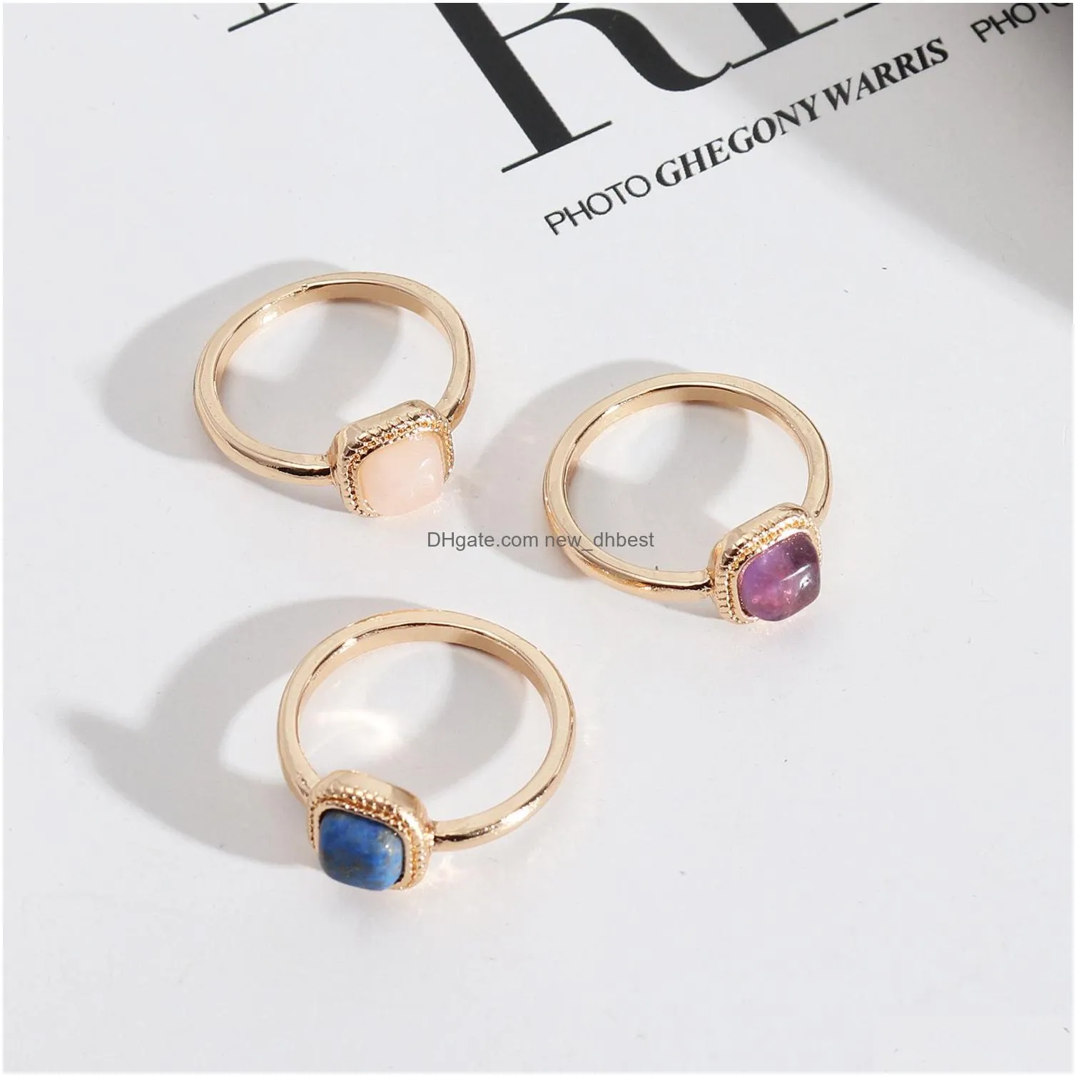 mini square stone rings lapis lazuli amethysts rose quartz stone fashion inner dia 17mm gold color band jewelry for women