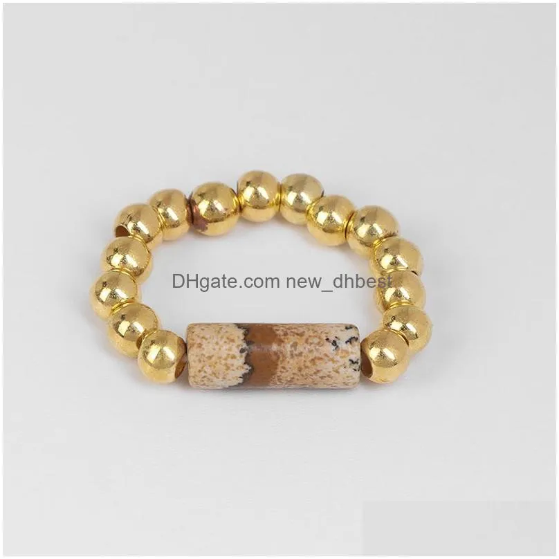 4mm elastic ring for women men tube shape natural stone gold beads rings crystal rose quartz ring bohemian beach wind jewelry
