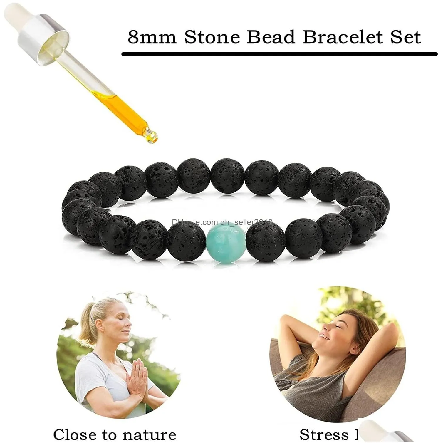 8mm black lava rock stone bead strand  oils anxiety aromatherapy diffuser elastic stretch yoga stress relief bracelets