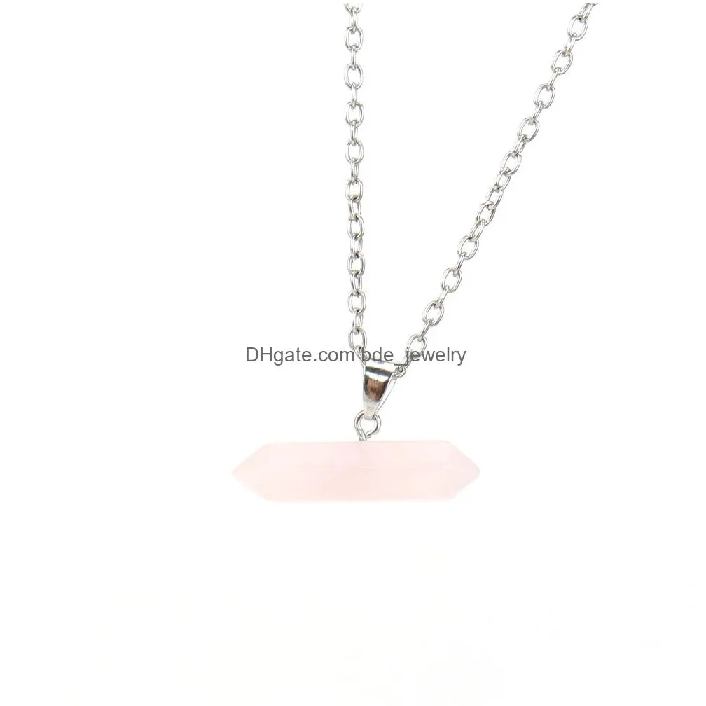 natural stone pendant cross hexagonal bullet rose quartz crystal chakra necklace reiki healing jewelry