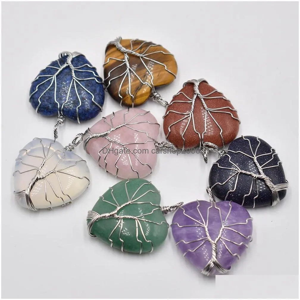 natural stone charms crystal tree of life heart pendants roses quartz wire wrapped trendy jewelry making wholesale