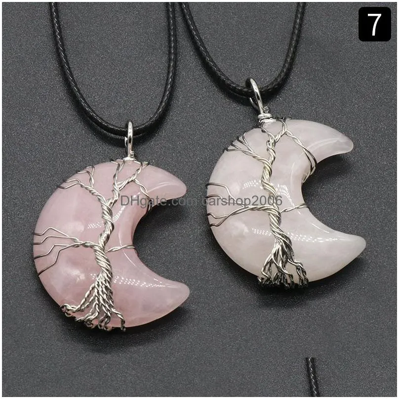 moon crescent wire wrap tree natural healing stone crystal pendant quartz amethyst pink crystal necklace for women men rope chain