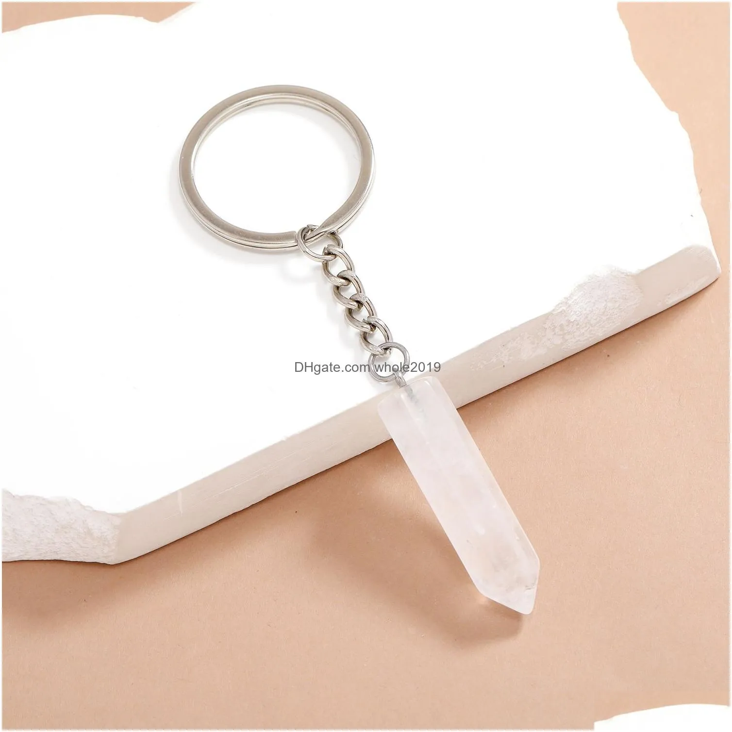 hexagonal column key ring natural stone opal crystal gem keychain for women men personality accessories