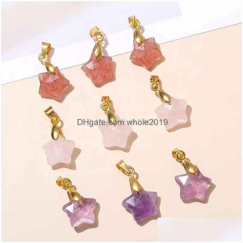 fashion 10mm star shaped rose quartz powder pink green amethyst crystal pendant gold chain necklace women jewelry