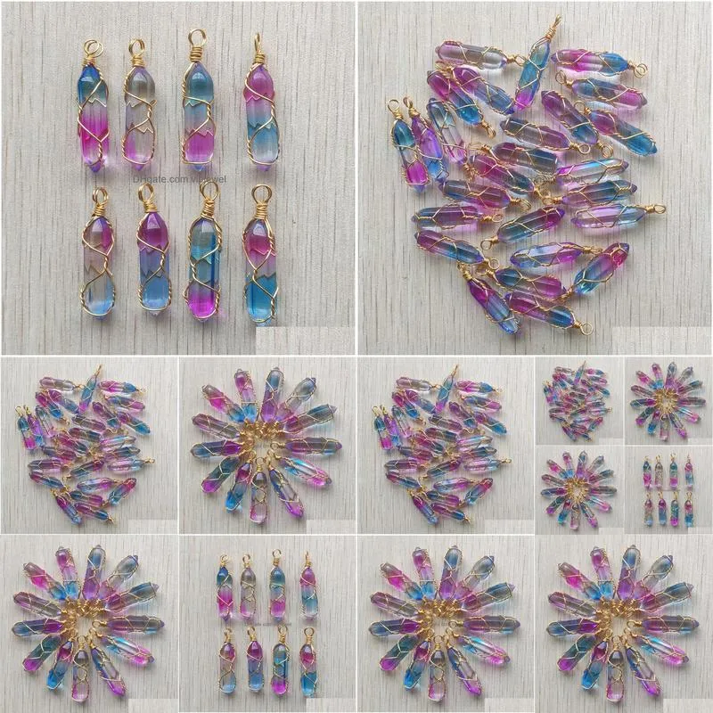 2 colors purple blue glass hexagon prism charms handmade copper wire pillar shape pendants for jewelry making