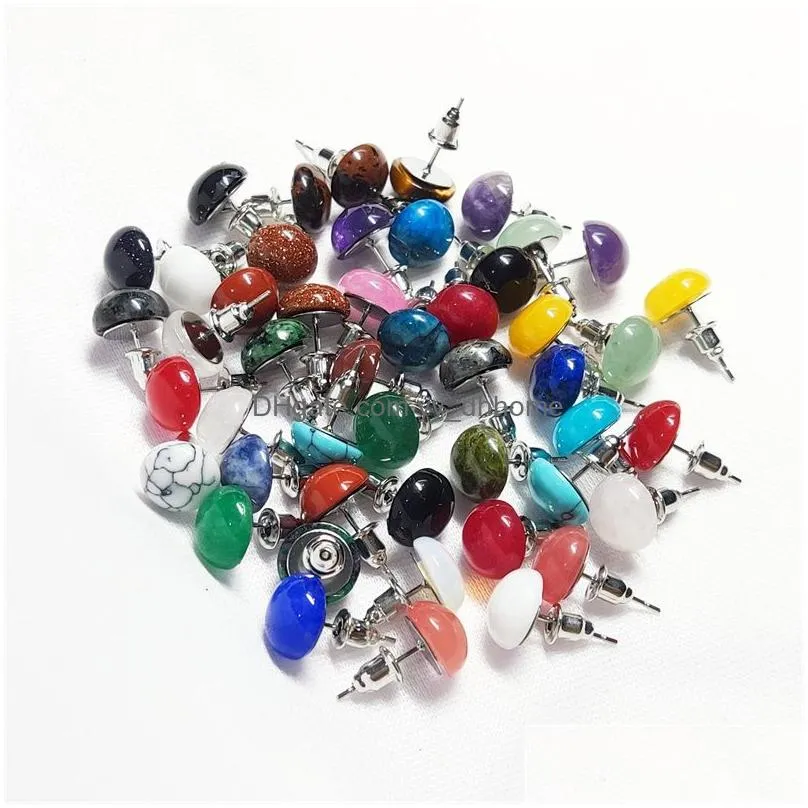 trendy 10mm 12mm natural stone mix round beads stud earrings for women fashion cute small wholesale