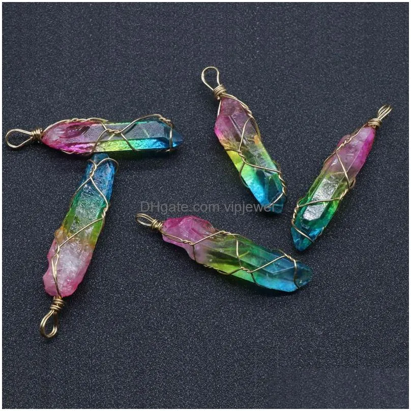 colorful crystal column necklace pendant gradient color quartz crystals wire wrap necklaces healing guardian jewelry for men men rope