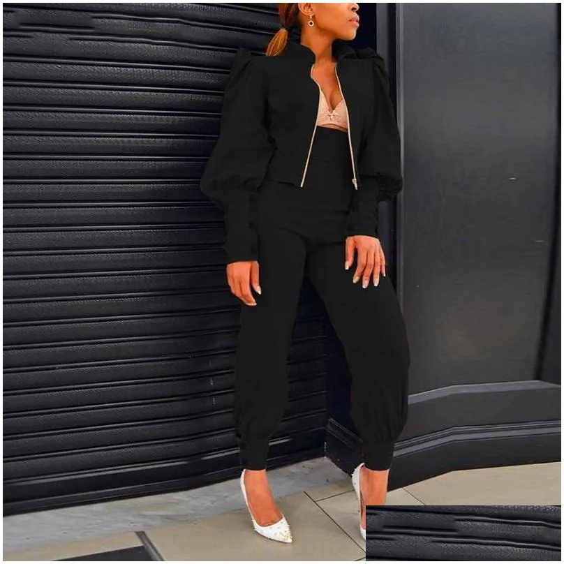 womens two piece pants elegant sexy women set autumn winter solid outfits fashion zip-up outerwear and slim fit suits casual