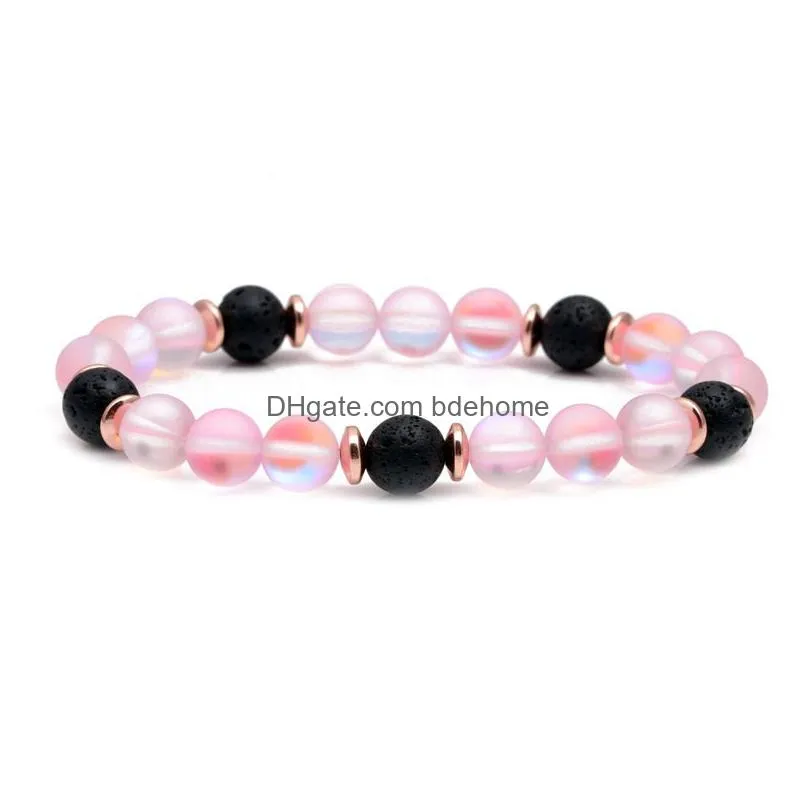 rose quartz stone pink opal glass beads strand bracelet for women girl jewelry